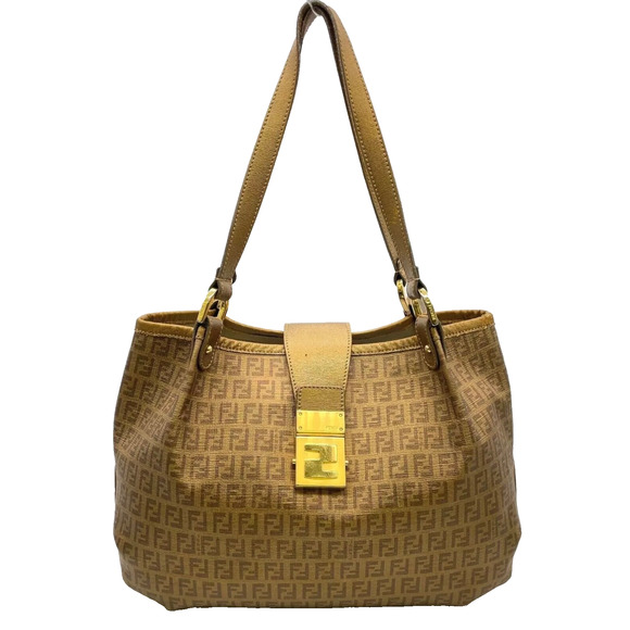 Authentic FENDI Zucchino Gold Calf Leather Flap Lock Shoulder Bag Purse - Picture 1 of 15